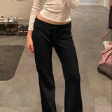 Toloer Style Design Sense Turned Waist Solid Color Knit Pants Women's Low Waist White Loose Straight Tube Casual Pants-Outfit