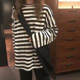 Toloer 2024 New Ins Tide Black And White Stripes Early Autumn Loose Long-Sleeved T-Shirt Schoolgirl