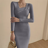 Autumn / Winter Core-Spun Yarn Knitted Long-Sleeved Dress V-Collar Slim Black Medium-Long Slit Hip Skirt-Outfit