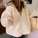Hooded Ladies Plus Velvet Thick Coat All-match Jacket Pure Yellow Sweet and Cute Autumn and Winter Lamb Wool Loose Coat