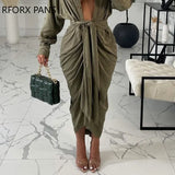 Women Solid Casual Chic Button Sashes Long Sleeves Shirring Maxi Sexy Dresses-Outfit