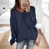 Toloer New Women Long Sleeves Loose V Neck Rope Exposed Back Jumper Knit Sweater Women's