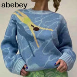 Top Blue Loose Korean Casual Ocean Diving Print O Neck Sweater For Women 2022 Winter Chic Oversized Pullover