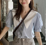 Womens Blouse Summer Tops Femme Spring Women Shirt Blue Short Sleeve Cotton Girls Women Blouse Plus Size Blusas Solid