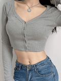Ribbed Long Sleeve Button Crop Top-Outfit