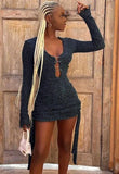 Winter Sexy Black Clip U Neck Long Sleeve Mini