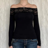 Toloer Hot Girl One Word Shoulder Lace Splicing Long Sleeve T Shirt Female New Slim Solid Color Bottom Top-Outfit