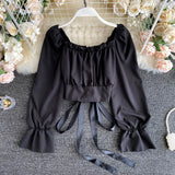 Casual Women Bandage Blouse Sext Square Collar Flare Long Sleeve Short Shirt Vintage White/Black Tops New Fashion Blusas