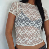 Women's Vintage Y2K Sheer Floral Lace See-through Tops Short Sleeve Crew Neck Slim Fit Cropped T-Shirts Summer Tee-Outfit