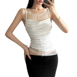 Toloer Summer Women's Sexy Hot Girl Hollow Out Lace Mesh Sleeveless Slim Small Vest-Outfit