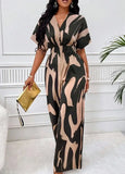 Piece Women Print V Neck Half Sleeve Loose Wide Leg Long Pants Overalls Casual Splice Romper Tight High Waist Jumpsuits-Outfit