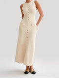 Summer New Round Collar Sleeveless Single Breasted High Waist Slim Party Banquet Long Dress-Outfit
