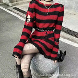Toloer Hole Hollow Out In The Long Sweater Female Stripe Loose Color Dark Versatile Knit Niche Punk-Outfit