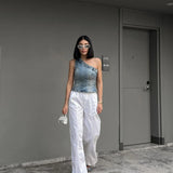 Asymmetrical Collar Retro Denim Breast Wrap Blouse