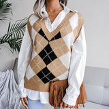 Style Casual Vest Sweater Autumn Winter V-neck Loose Argyle Fashion Knit Tops Vest Women Loose Vintage Sweaters