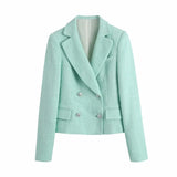 PUWD Elegant Woman Mint Green Tweed Blazer Coat 2021 Spring Fashion Ladies Button Jacket Female Streetwear