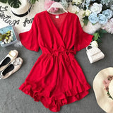 Ruffled Women Playsuits Elastic High Waist Bow Female Jumpsuit Romper Butterfly Sleeve Short Overalls for