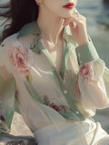 Toloer Green Floral Sunscreen Shirt Women 2025 Summer Extraordinary French Super Fairy Long-Sleeved Shirt Original Design