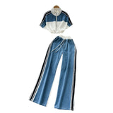 Suit Women's 2025 Summer Breeze 抽抽rop Cord Short Bumper Collar Top High-Waisted Cowboy Broad