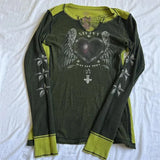 y2k Clothes 2000s Women Goth Fairycore T Shirt Graphic Heart Print V Neck Long Sleeve Tops Cyber Punk Clothing