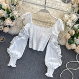New Spring Autumn Fashion All-match Ruffle Blouse Hollow Out off shoulder long sleeve ruched slim Shirt