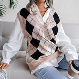Style Casual Vest Sweater Autumn Winter V-neck Loose Argyle Fashion Knit Tops Vest Women Loose Vintage Sweaters