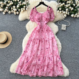 Famous Breeze Mashed Flowers Bubble Sleeves With Dress Women Summer Waist Repair Royal Sister Temperament Beautiful Long