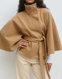 Women's Autumn And Winter New Fashion Pure Color Cape Collar Collar Belt Wind