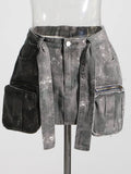 Women Denim Skirt Camouflage Slim Spliced Multiple Pockets Zippers Lace Up Belt Mini Skirts 2024 Summer New Fashion 29L244-Outfit