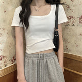 Toloer Short T-Shirt Female Solid Color 2024 New High Waist Slim Show Thin Hot Girl All-Match Short-Sleeved Square Collar Top