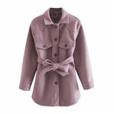Aachoae Women Chic Wool Coats With Belt 2021 Solid Long Sleeve Pockets Shirt Jackets Outerwear Turn Down Collar Elegant