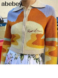 Embroidery Harajuku Knitted Single Breasted Cropped Cardigan Women Autumn Long Sleeve Turn Down Collar Sweater Coat
