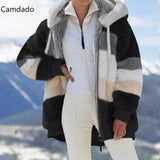 Winter Hooded Jacket Women 5X Plus Size Cotton jacket fashion Plush patchwork zipper pocket loose Long Sleeve Women Top