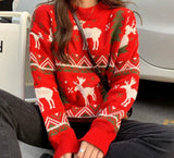 Autumn and Winter New Korean Women's Loose Couple Christmas Tree Deer Thick Jacquard