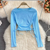 Women Fashion Korean Blouse Design Hollow Waist Long Sleeve O Neck Slim Tops Autumn Chic Streetwear Short Blouses