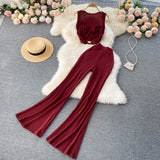 Women Summer Two Pieces Sets Sleeveless Slim Short Tops+High Waist Wide Legs Long Pants Fashion Long Two Piece