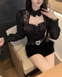 Shirts Women Lace Patchwork Hollow Out Long Sleeve Winter Fashion Slim Crop Tops Female Blouse French Style Chic-Outfit