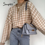 Simplee Women geometric khaki knitted sweater women casual Houndstooth lady pullover sweater female Autumn winter retro