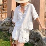And Summer New French Embroidered White Cotton Set Women's Short-Sleeved Holiday Shorts Set Women's