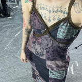 Toloer Floral Lace Stitching Chest V Neck Sling Dress Female V Neck Show Thin Gauze Dress Long Skirt-Outfit