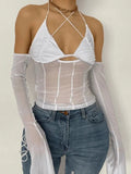 Halter Tie Mesh Patch Top-Outfit