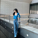 Low-Chested European Version Of The Ins Square Lead Long-Sleeved Knitted Shirt Women Autumn New Oceanic Set-Up