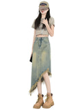 Toloer High Waist A-Line Denim Skirt Skirt Female Spring And Autumn Irregular Design Sense Long Skirt Small Tassel