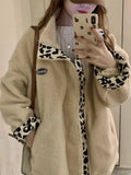 Leopard Print Women Fleece Jackets Motorcycle Jacket Faux Lamb Fur Kawaii Coat Teddy Fur Coat Fleece Parkas Cropped
