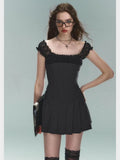 Black Pleated Strap Mini Dress-Outfit