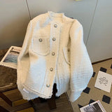 Fashion Sequin Blends Tweed Jackets Women Elegant Fringe Loose Single Breasted Luxury Coat Vintage Design Chaquetas