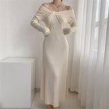 Hepburn Style Advanced Sexy Shoulder Black Long-Sleeved Knitted Dress Women's Autumn Temperament Slim Dress-Outfit