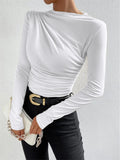 Solid Color Trim Bottom Shirt Folding Design Long-Sleeved T-Shirt Lady