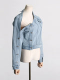 Toloer 2024 New Retro Wash Do Old Off-The-Shoulder Design Sense Denim Jacket Female Niche Design Sense Jacket-Outfit