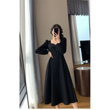 Toloer Style Little Black Dress Female 2024 Summer New Retro V-Neck Show Thin Knee Black Dress Dress-Outfit